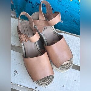 ANTONIO MELANI Leather Espadrille Wedge Sandals in Tan